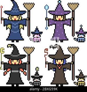 vector pixel art witch set Stock Vector