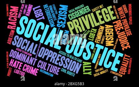 Social Justice word cloud on a black background. Stock Vector