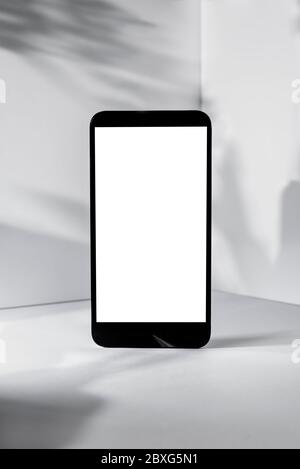 Minimalist modern smartphone mockup for presentation, in perspective front of the corner angle of the grey wall, with abstract plant shapes on backgro Stock Photo