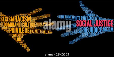 Social Justice word cloud on a black background. Stock Vector