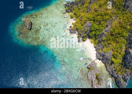 Shimizu Island, El Nido, Palawan, Philippines. Beautiful aerial view of tropical island, sandy beach and coral reef Stock Photo