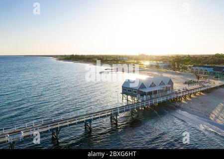 Busselton Western Australia November 8th 2019 : Aerial sunrise view of the huts at the start of the Busselton Jetty; Busselton is located 220 km south Stock Photo