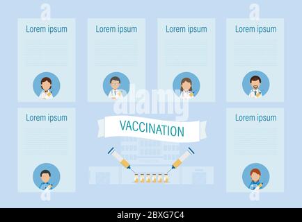 Vaccination infographic with doctors hold syringes with vaccine flat design vector illustration Stock Vector