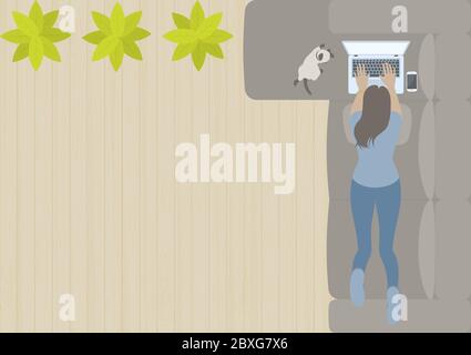 Woman working on laptop computer and lying prone on L shaped sofa in living room with siamese cat, smart phone, plant and wood floor from top view in Stock Vector
