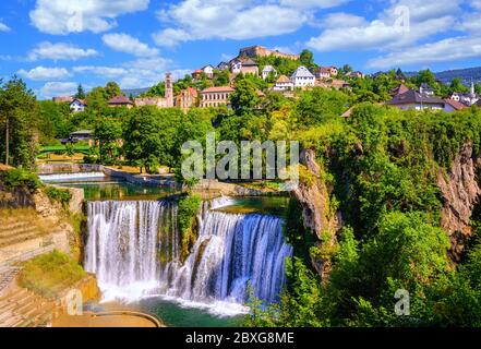 Historical Jajce town in Bosnia and Herzegovina, famous for the spectacular Pliva waterfall Stock Photo