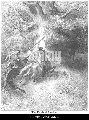 Death of Absalom [Son of King David] 2 Samuel 18:9 From the book 'Bible Gallery' Illustrated by Gustave Dore with Memoir of Dore and Descriptive Letter-press by Talbot W. Chambers D.D. Published by Cassell & Company Limited in London and simultaneously by Mame in Tours, France in 1866 Stock Photo