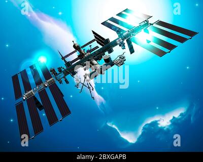 The International Space Station (ISS) is a space station, or a habitable artificial satellite, in low Earth orbit. Element furnished by Nasa. Nebula Stock Photo