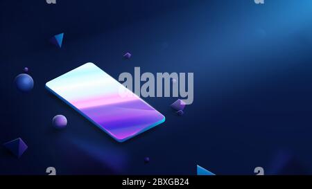 Realistic Modern Smartphone on dark blue background. Floating Blue Geometric Virtual Reality. Modern Innovative Technology Stock Vector