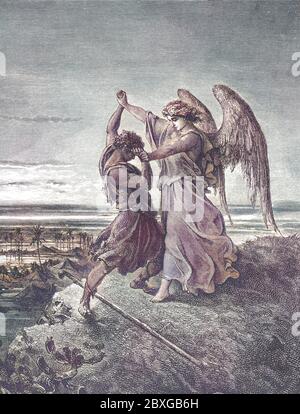 Jacob Wrestling with the Angel Genesis 32:24 From the book 'Bible Gallery' Illustrated by Gustave Dore with Memoir of Doré and Descriptive Letter-press by Talbot W. Chambers D.D. Published by Cassell & Company Limited in London and simultaneously by Mame in Tours, France in 1866 Stock Photo