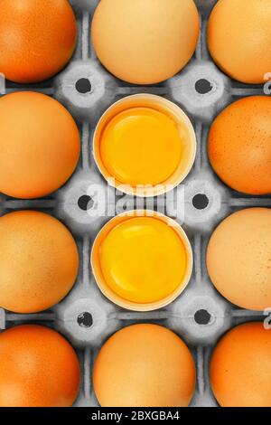 Brown chicken eggs package box with 2 opened and visible egg yolks in grey pack Stock Photo