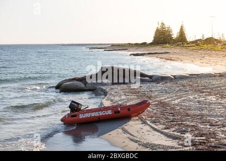 Busselton Western Australia November 9th 2019 : Busselton Surf Lifesaving club rescue boat on the beach Stock Photo