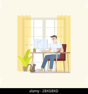 Young man in casual clothing working at home in daytime with desktop computer on table in a cozy room interior with door, curtain, plant, coffee mug a Stock Vector