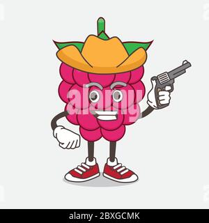 An illustration of Raspberry Fruit cartoon mascot character holding gun Stock Vector