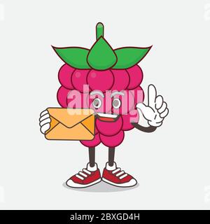 An illustration of Raspberry Fruit cartoon mascot character holding an envelope Stock Vector