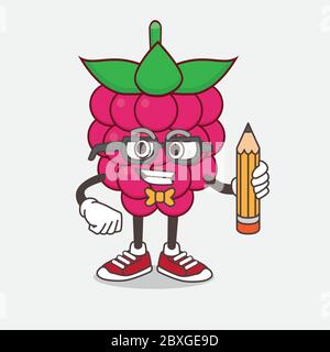 An illustration of Raspberry Fruit cartoon mascot character holding pencil Stock Vector