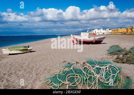 Traditional fishing boat on beach, Cabo de Gata, Almeria Province, Andalusia, Spain Stock Photo