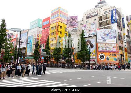 TOKYO, JAPAN - May 3, 2019 : Unidentified people wait for crossing at Akihabara district in tokyo that is called as Electric Town and located of anime Stock Photo