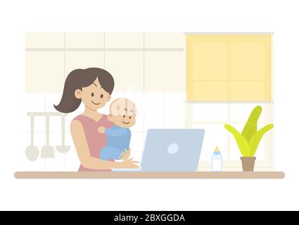 Mother holding happy baby and working on laptop computer in kitchen interior with milk bottle, cupboard, utensil, roller blind and window in flat cart Stock Vector