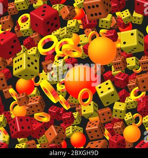 Abstract Golden Rings Balls and Dice on Black Stock Vector