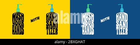Wash your hands with hand sanitizer text wrap vector illustration concept, isolated on solid yellow and classic blue background. Stock Vector