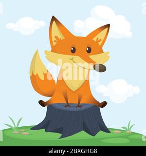 Cartoon happy fox sitting on tree stump. Vector illustration Stock Vector