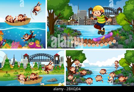 Set of monkey in different background illustration Stock Vector