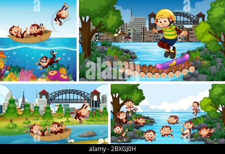 Set of monkey in different background illustration Stock Vector