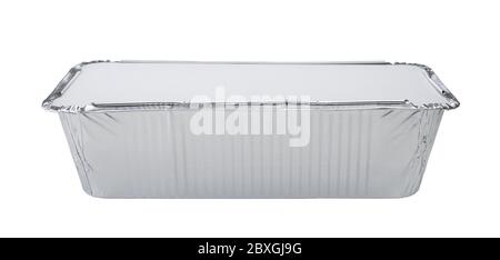 Closed disposable metal food container isolated on white. Stock Photo