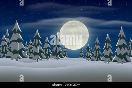 landscape of snow forest in winter in the night Stock Vector