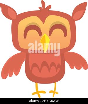 Funny cartoon owl smiling with eyes closed. Isolated on white. Design for print, package or book illustration Stock Vector
