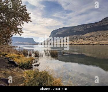 Smoke settles in the Snake River Canyon near Swan Falls, Idaho, USA Stock Photo