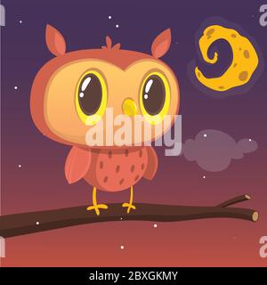 Cartoon owl sitting on branch on background of the full moon Stock Vector