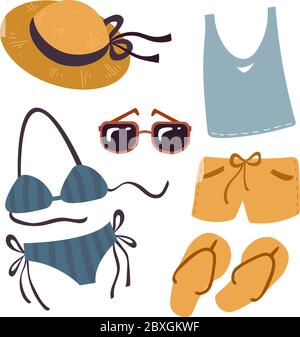 Vector set of things for beach, summer travel, vacation. Stock Vector