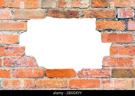 Hole in an old and aged brick wall texture with broken and damaged bricks on an isolated white background with copy space for a additional messages wi Stock Photo