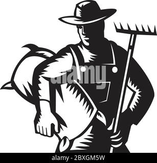 Farmer With Rake and Wheat Woodcut Stock Vector Image & Art - Alamy