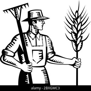 Farmer With Rake and Wheat Woodcut Stock Vector Image & Art - Alamy