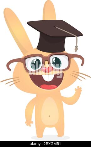 Cute cartoon rabbit wearing graduation bachelor hat and eyeglasses.  Vector illustration of a smiling bunny Stock Vector