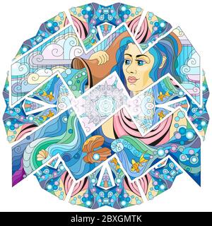 Aquarius zodiac sign with mandala cute cartoon character retro zentangle stylized in vector Stock Vector