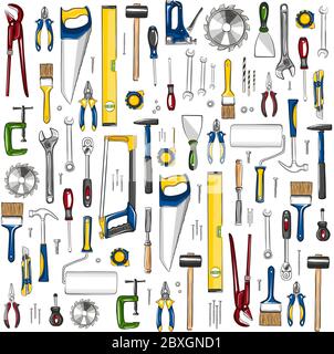 Repair tools seamless, pattern in sketch style. Stock Vector