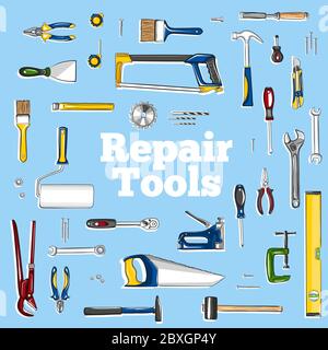 Repair tools icons set in cartoon style. Stock Vector