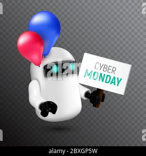 Funny and cute flying robot with red and blue balloons holding a sign in his hand. Realistic vector illustration to cyber monday on transparent backgr Stock Vector