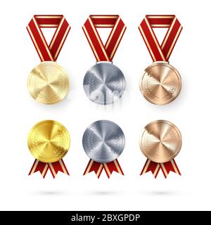 Golden Silver and Bronze medals with laurel hanging on red ribbon. Award symbol of victory and success. medals set. vector illustration Stock Vector