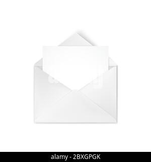 Realistic empty open white envelope with note for text. Vector illustration Stock Vector