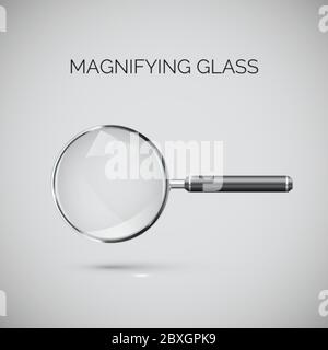 Magnifying glass with metal frame and black handle. Realistic style illustration. Vector Stock Vector