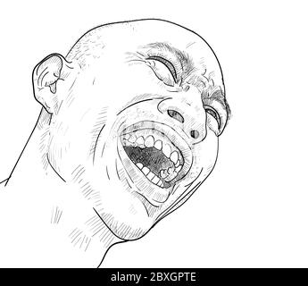 Drawing funny portrait of a man, laughing, farcical expressions of Asian guy. Vector illustration. Stock Vector