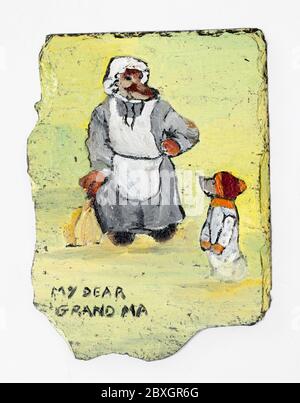 'My Dear Grandma' Small Naive Painting on Slate Stock Photo