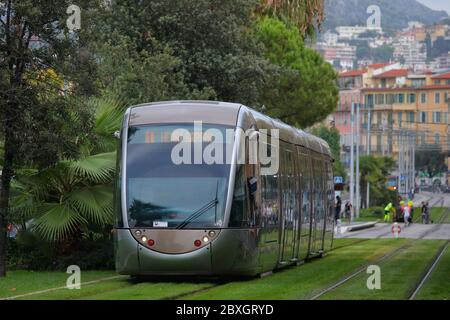 Nice, France - September 27, 2019: Modern tram on line 1 in the center of Nice. Tramway system was recreated in Nice in 2008 and now comprises 3 lines Stock Photo