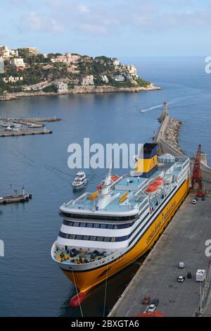 Nice, France - September 27, 2019: Corsica ferries ship in the Lympia port of Nice. Nice is the port of continental France nearest to Corsica Stock Photo