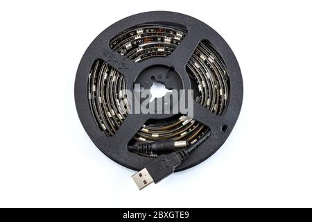 Usb led strip kit, Led backlight kit reel of RGB led strip light  on white background. Stock Photo