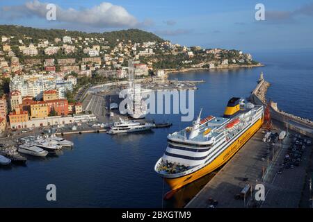 Nice, France - September 27, 2019: Corsica ferries ship in the Lympia port of Nice. Nice is the port of continental France nearest to Corsica Stock Photo